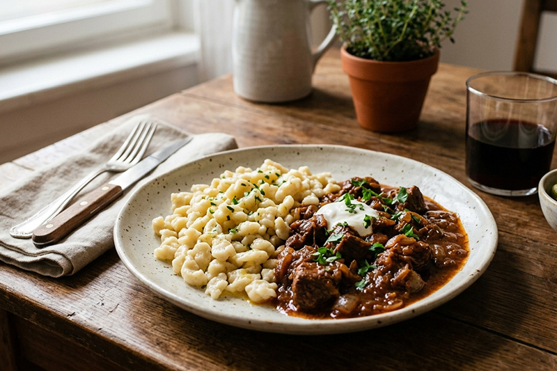 nokedli pörkölttel a tányéron